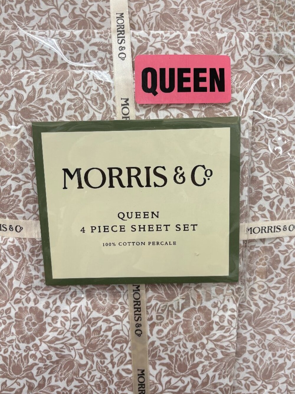 William MORRIS & CO. QUEEN Sheet Set Mallow Rose 100% Cotton Percale 4pcs - NIP